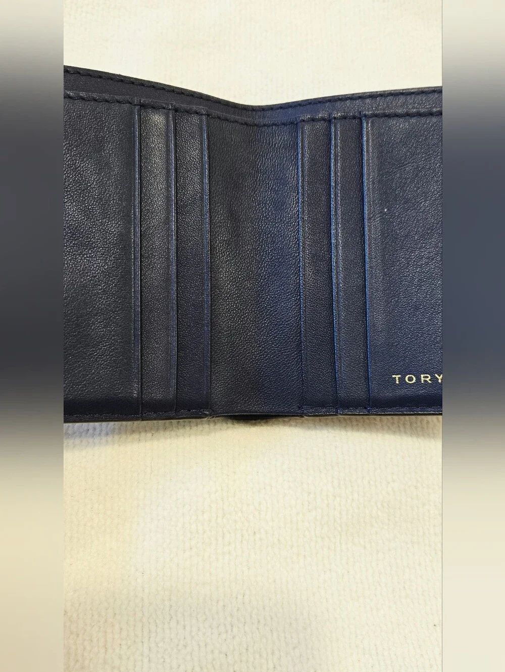 Tory Burch Navy Blue Peace and Love Mini Leather Zip Wallet EUC
